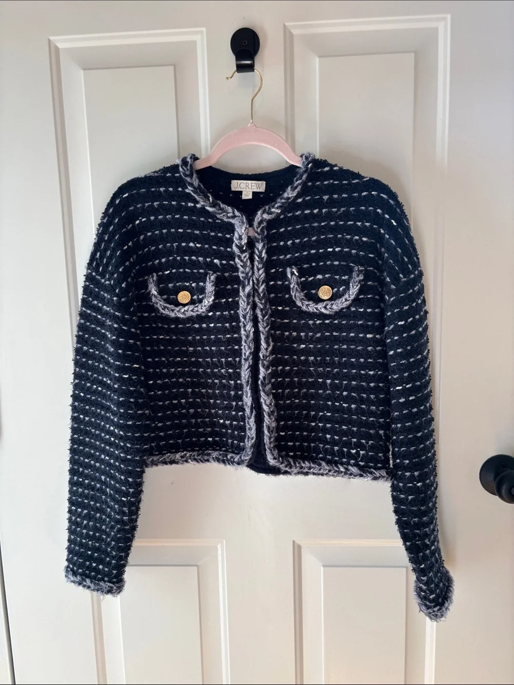 J. Crew Black, Navy and White Tweed Cropped Jacket with Gold Buttons